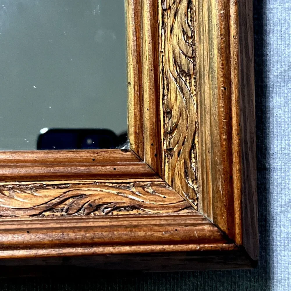 Vintage Rustic Carved Wood Square Accent Mirror Ornate 8.5 x 8.5